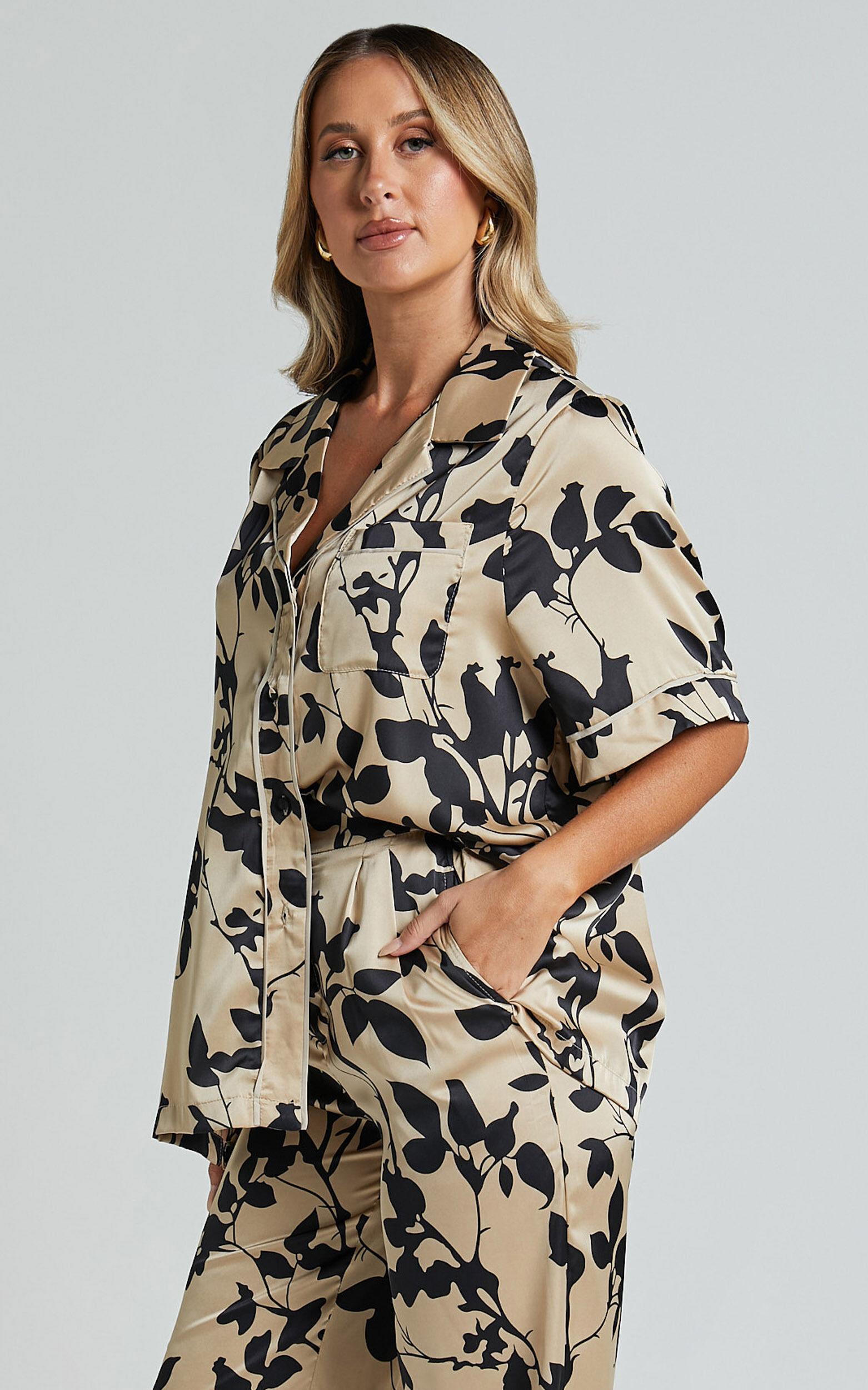 Laila Top - Short Sleeve Button Through Relaxed Shirt in Black and Cream Print Product Image