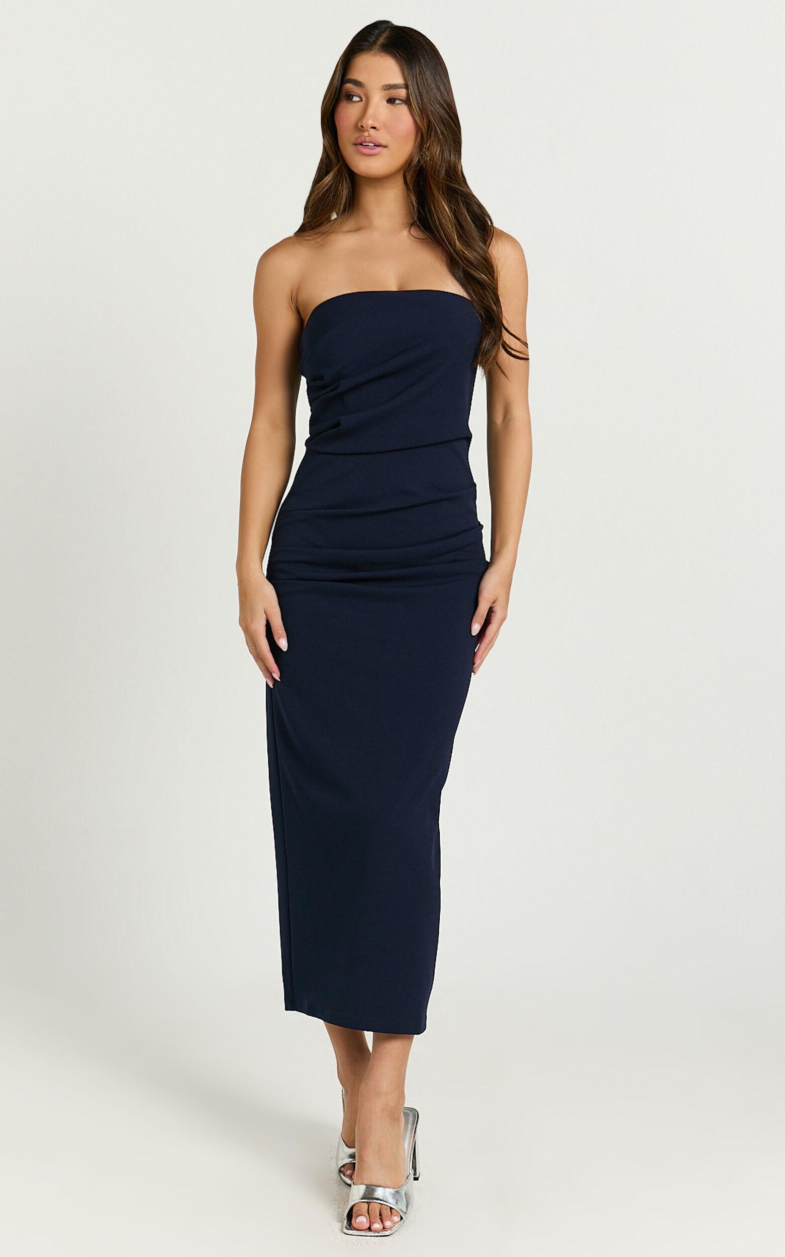 Calanthe Midi Dress - Strapless Tuck Detail Dress in Navy Product Image