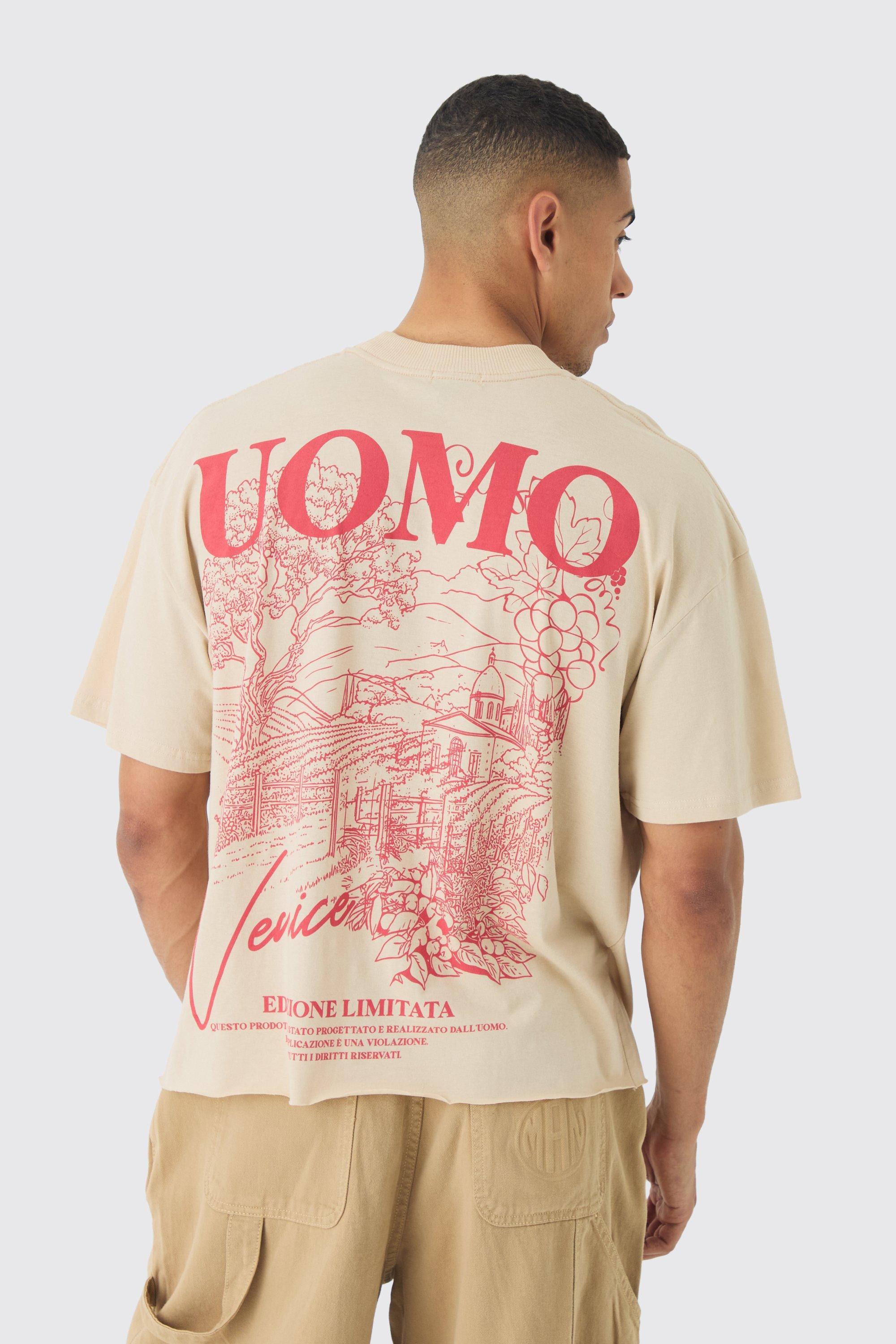 Oversized Extended Neck Uomo Landscape Back Print Raw Hem T-Shirt | boohooMAN USA Product Image