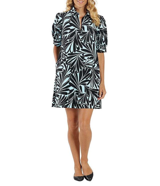 Jude Connally Emerson Decorative Fan Pool Print Jude Cloth Knit Point Collar Puffed Sleeve Shift Dress Product Image