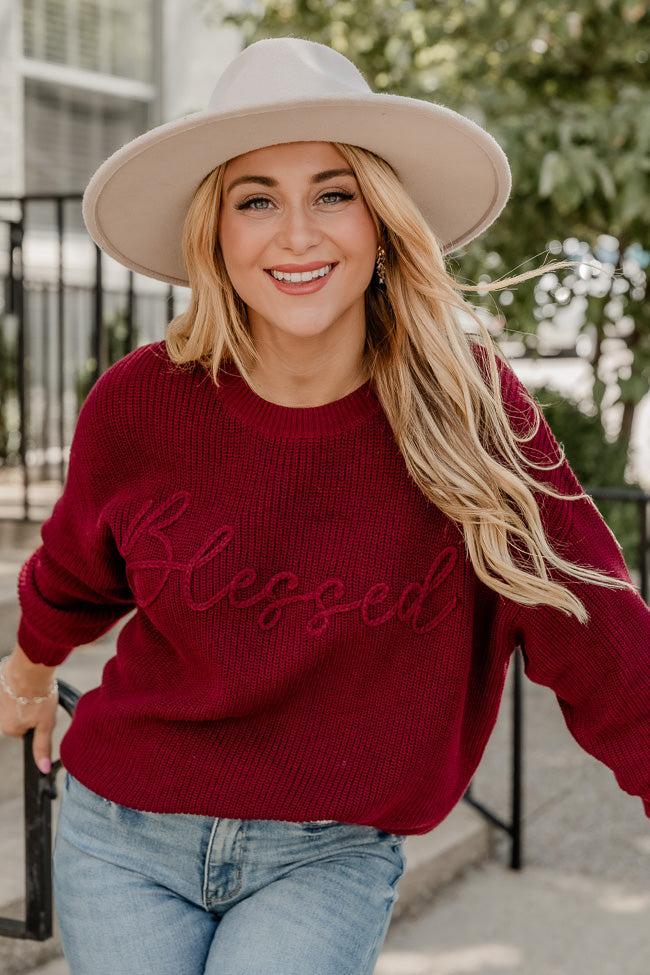 Blessed Burgundy Embroidered Sweater product image