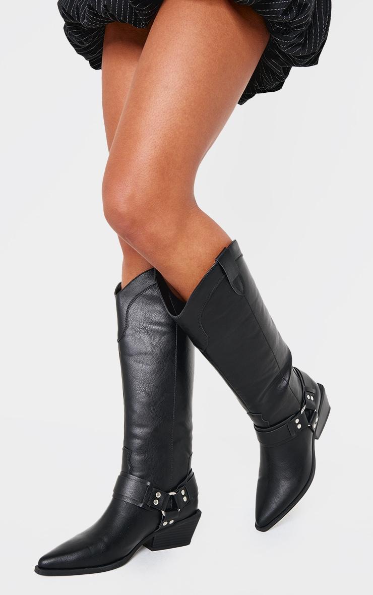 Black Burnished PU Point Toe Buckle Harness Detail Knee High Western Boots Product Image