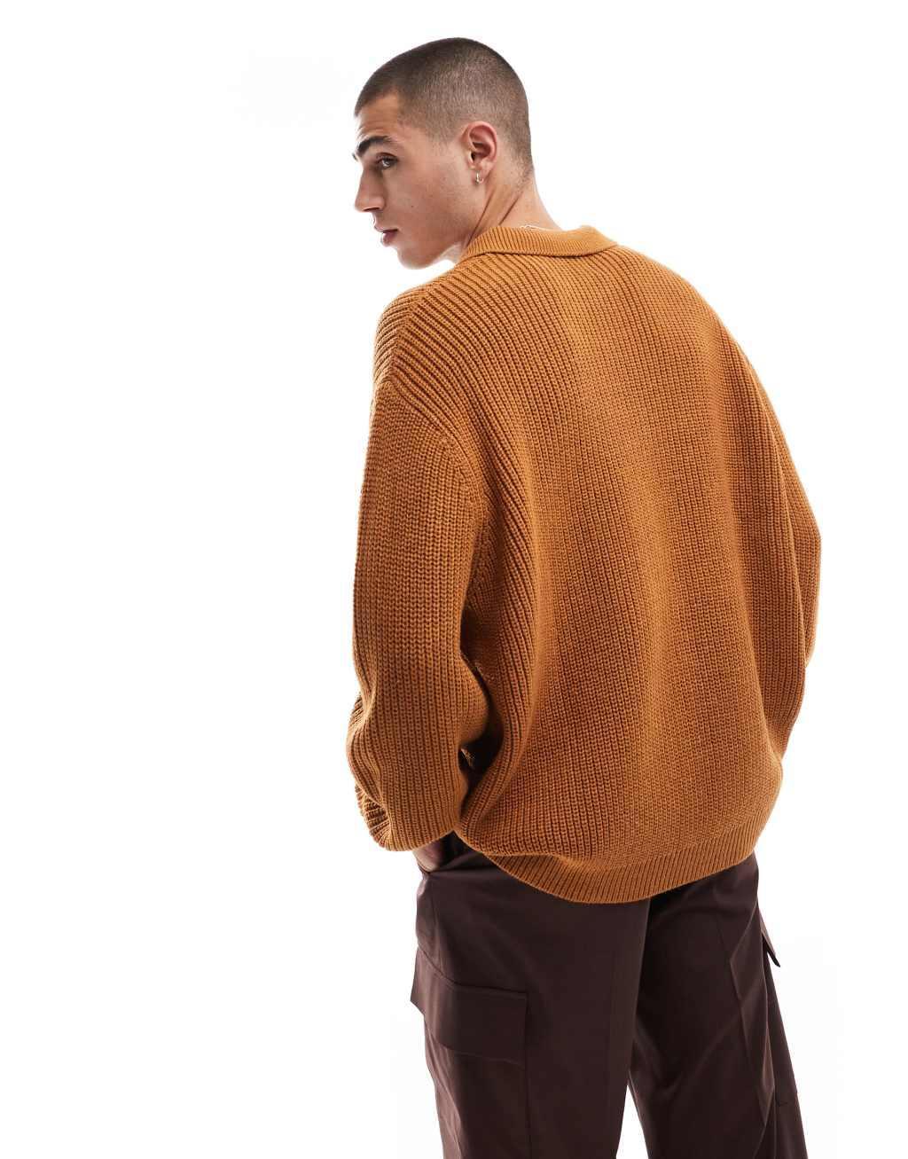 ASOS DESIGN oversized knitted fisherman rib notch neck sweater in tan Product Image