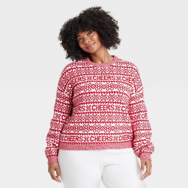 Womens Crewneck Cozy Knit Pullover Sweater - A New Day Red/Cream Fair Isle Cheers 3X Product Image