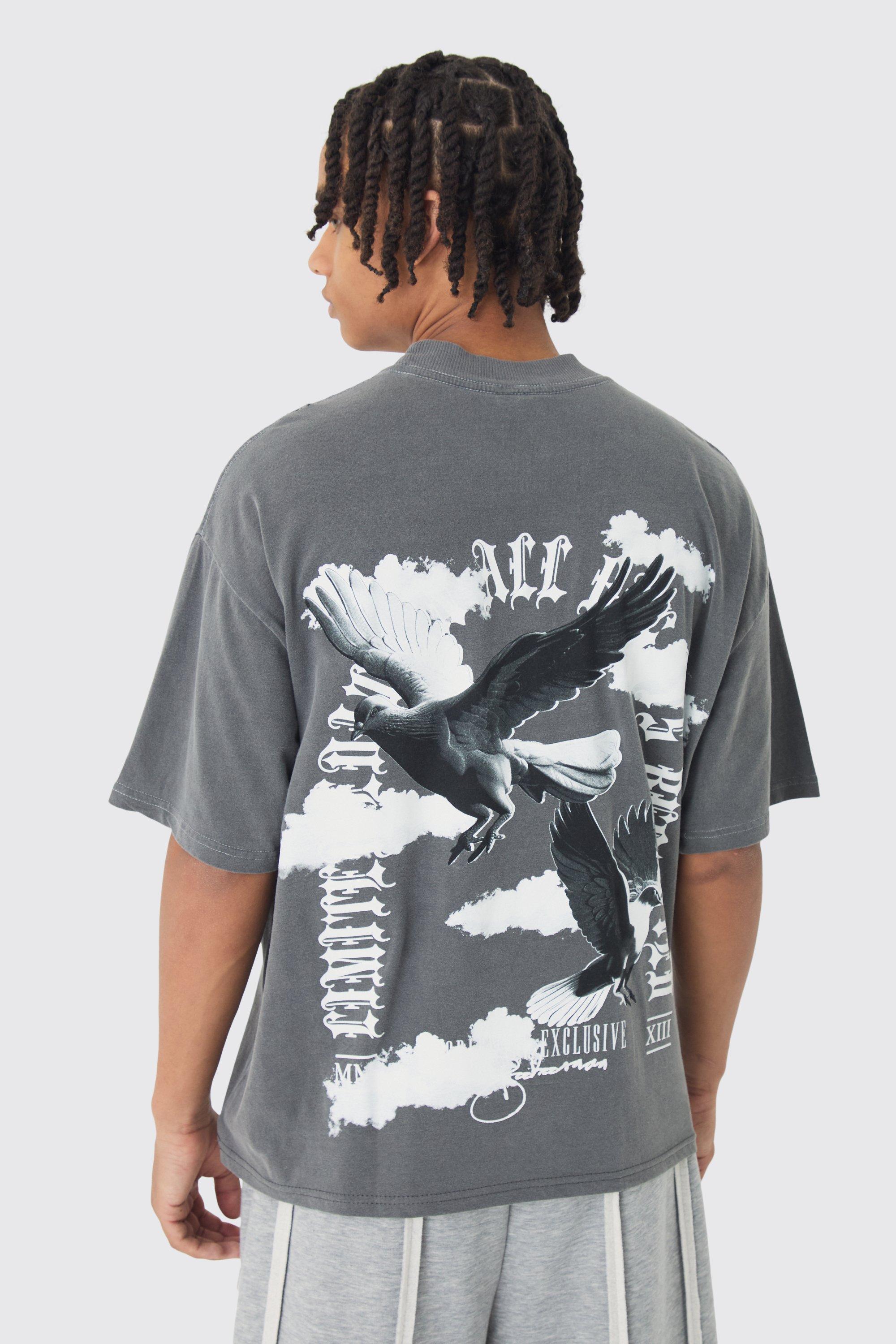 Oversized Boxy Extended Neck Large Scale Wash Dove Back Print T-Shirt | boohooMAN USA Product Image