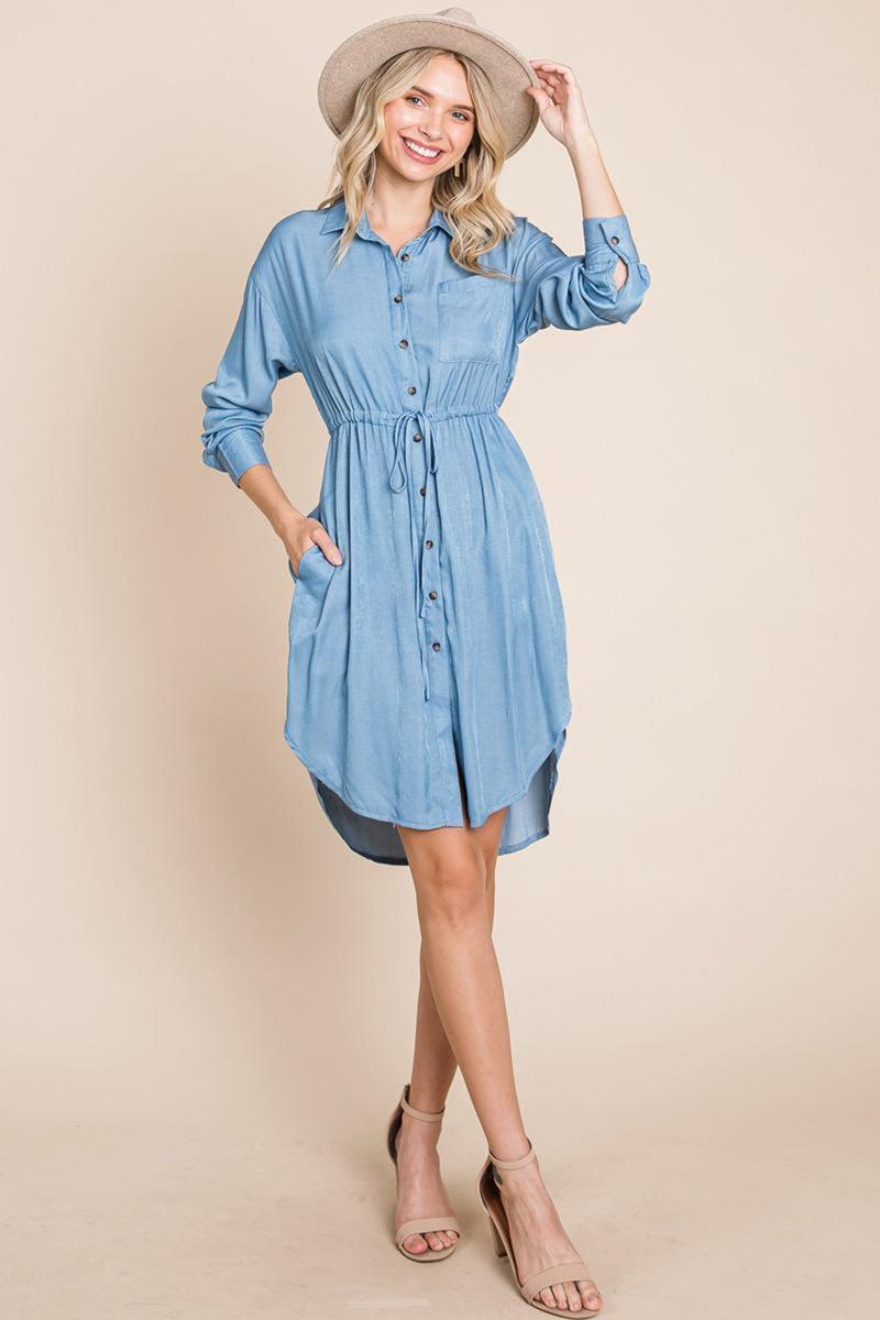 Button Down Drawstring Tie Waist Chambray Dress product image