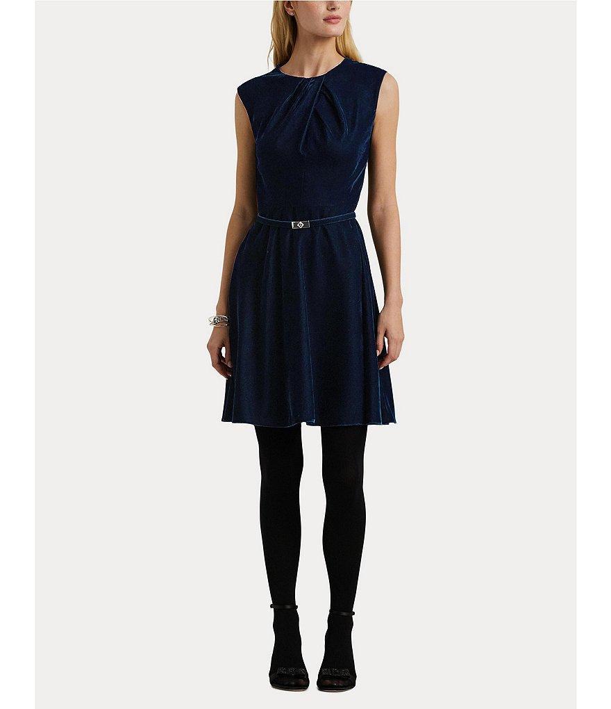 Lauren Ralph Lauren Petite Size Pleated Gathered Round Neck Cap Sleeve Fit & Flare Belted Velvet Dress Product Image