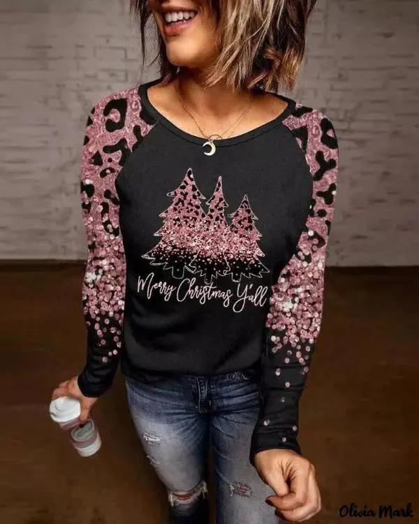 Olivia Mark – Leopard Print Christmas Tree Long Sleeve Top Product Image