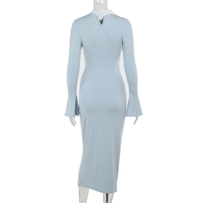 Bell Sleeve Tie-Neck Two Tone Maxi Sheath Dress Product Image