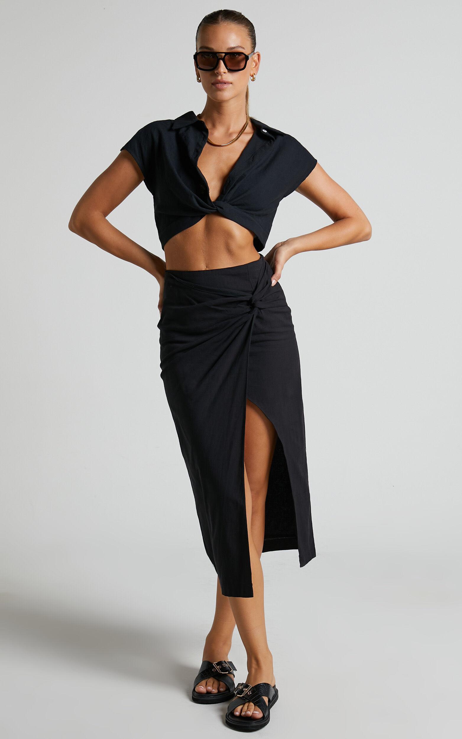 Marieta Midi Skirt - Linen Look Knot Front Skirt in Black Product Image