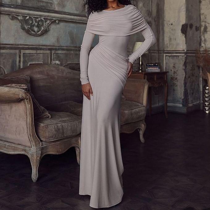 Long-Sleeve Crew Neck Plain Ruched Maxi A-Line Dress Product Image