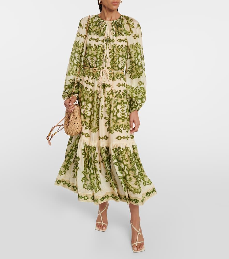 ZIMMERMANN Raie Tiered Silk Midi Dress In Green Product Image