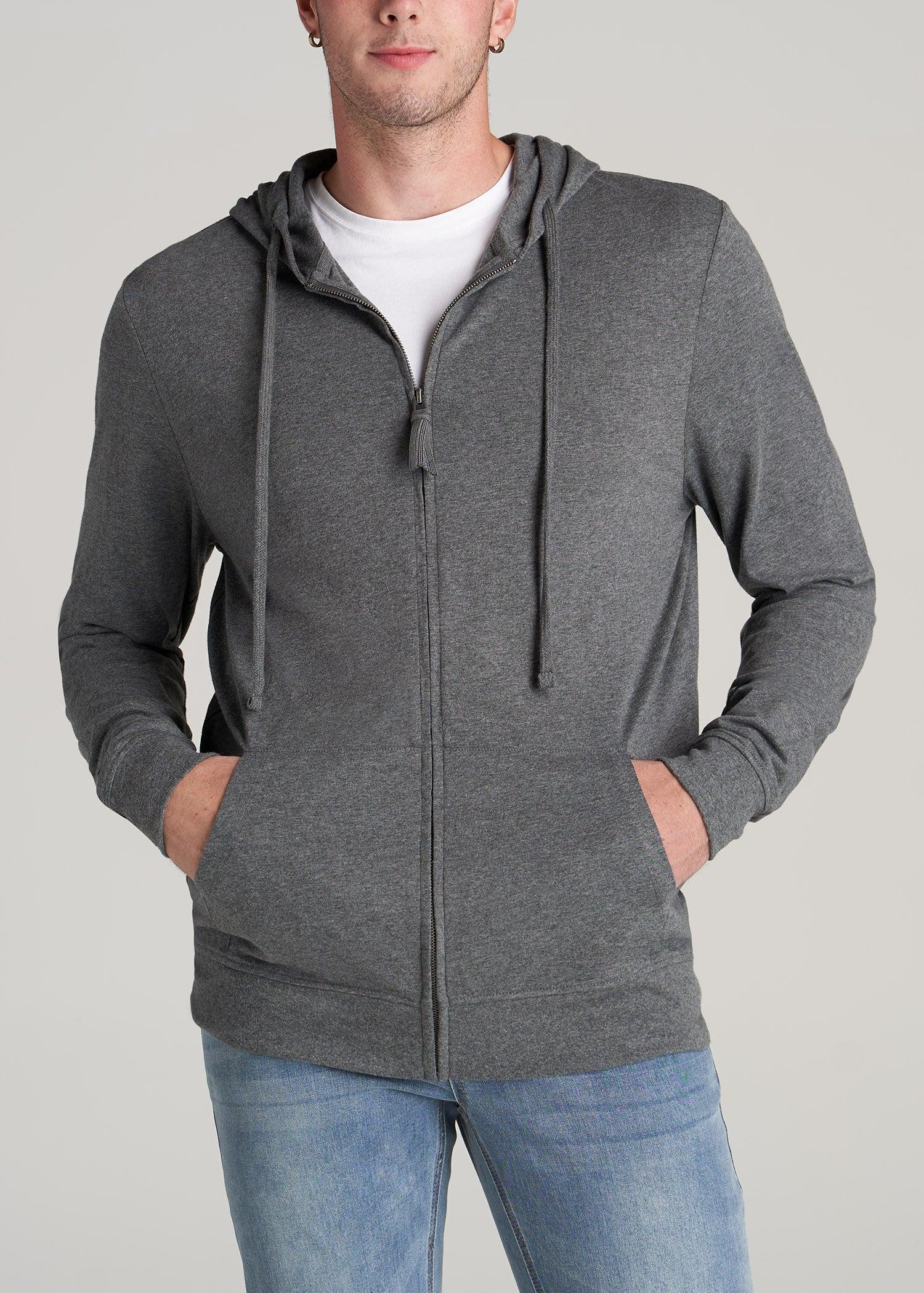 Long Sleeve Full Zip Jersey Hoodie for Tall Men in Charcoal Mix Male Product Image