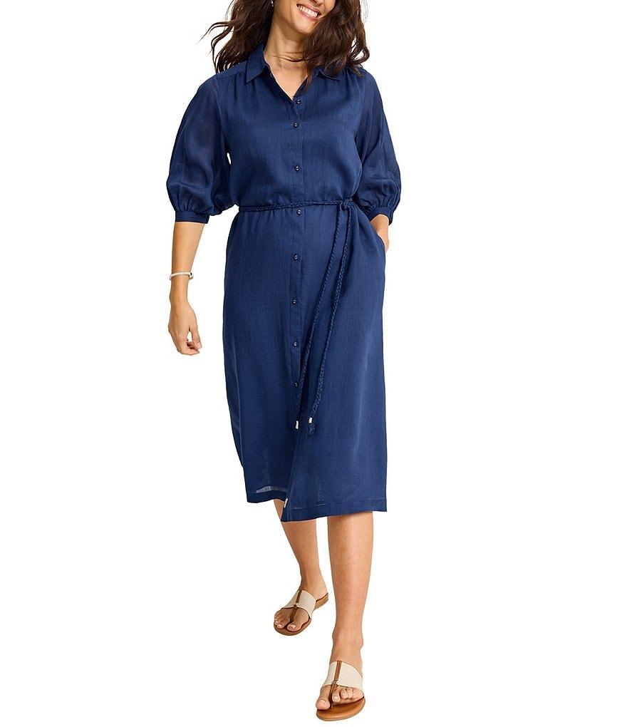 Tommy Bahama Palm Breeze Spread Collar Long Sleeve Button Front Tassel Belt Midi Shirt Dress Product Image