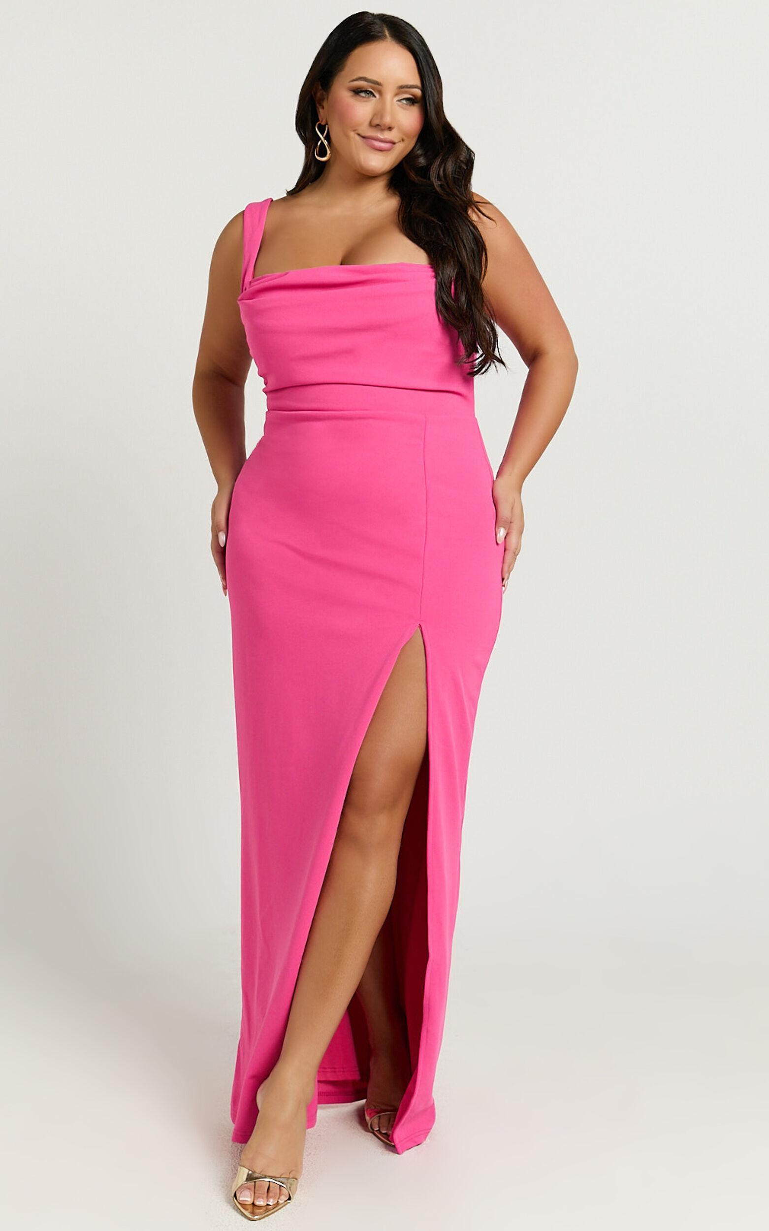 Donna Maxi Dress - Cowl Neck Column High Split Dress in Hot Pink Product Image