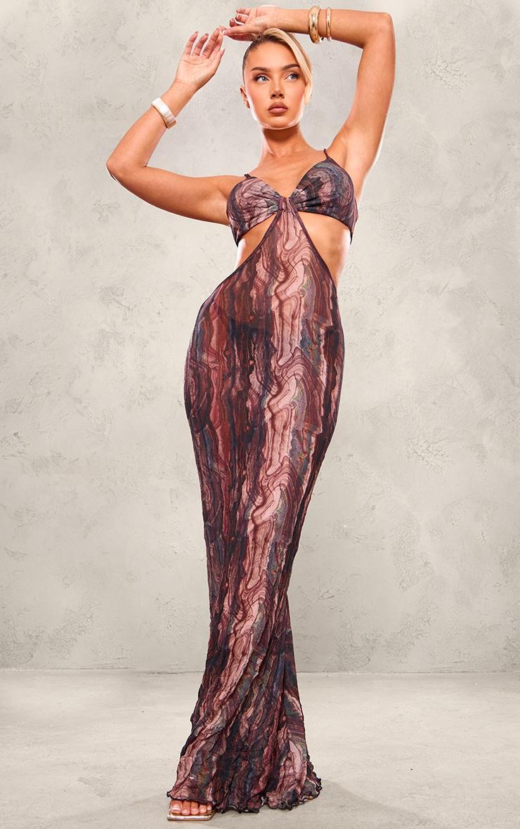 Multi Abstract Print Crinkle Mesh Cut Out Maxi Dress Product Image