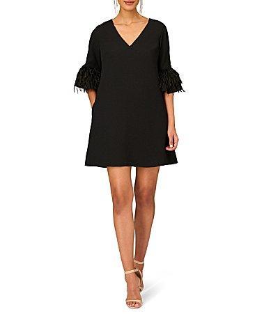 Aidan Mattox V-Neck 34 Feather Trim Trapeze Dress Product Image