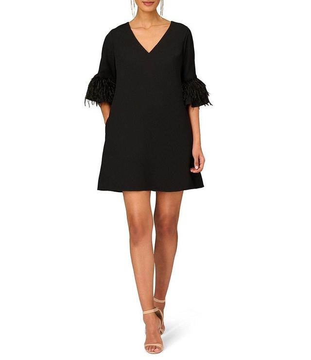 Aidan Mattox V-Neck 3/4 Sleeve Feather Trim Trapeze Dress Product Image