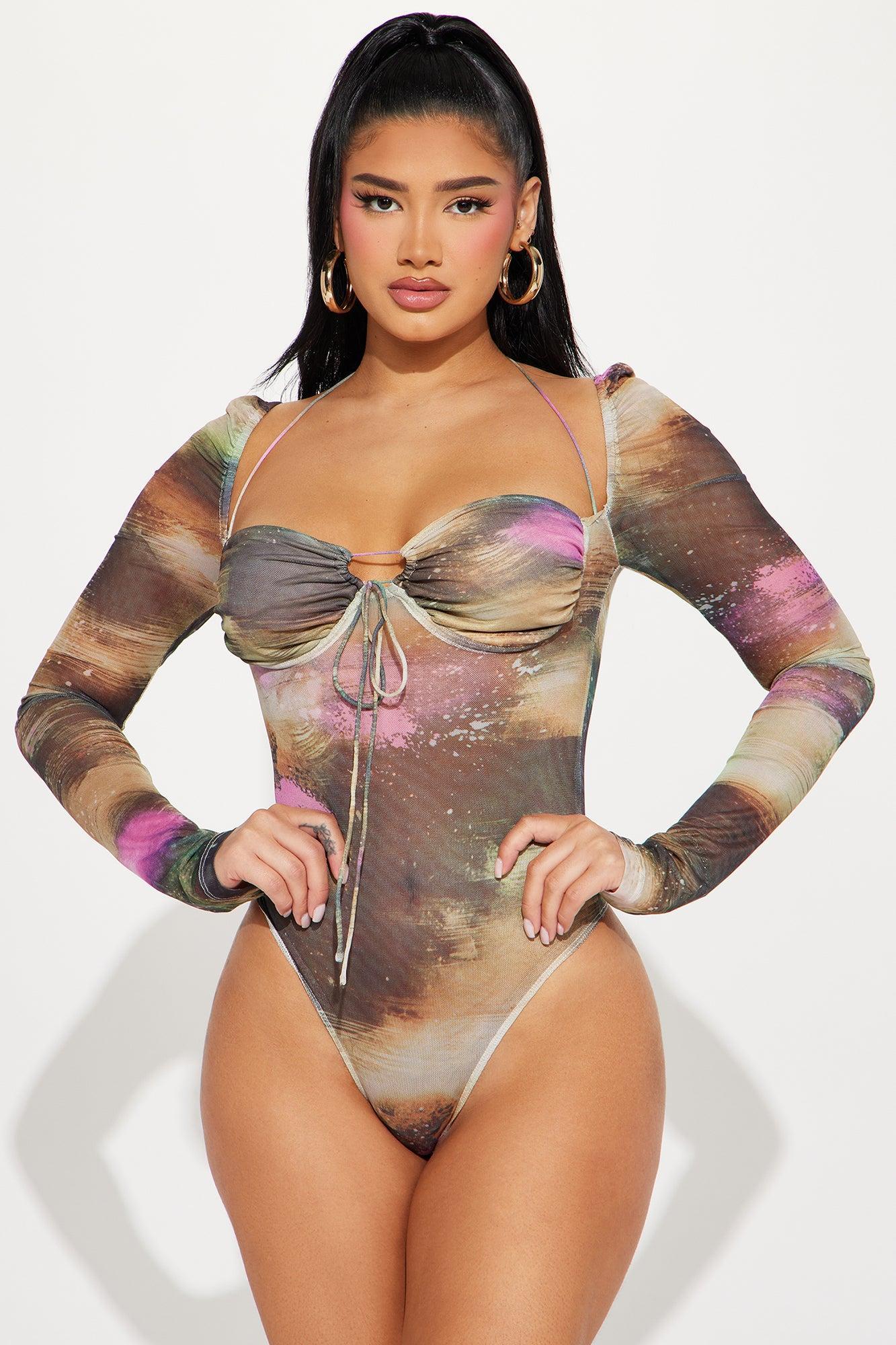 Makayla Mesh Bodysuit - Green/combo Product Image