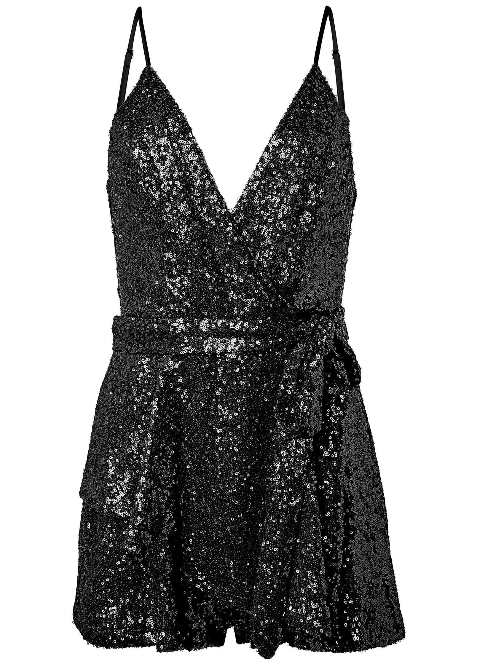 Sequin Belted Romper - Black Product Image