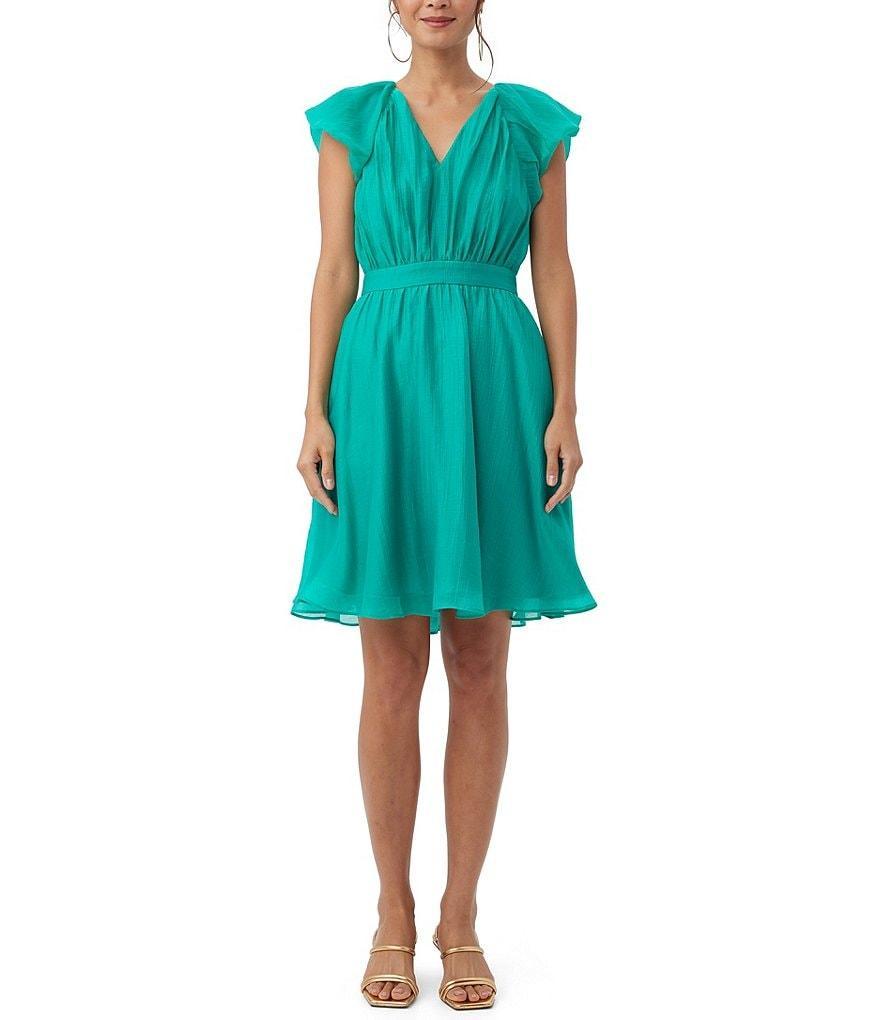 Trina Turk Afilia Woven V-Neck Cap Ruffle Sleeve Gathered Waist A-Line Dress Product Image