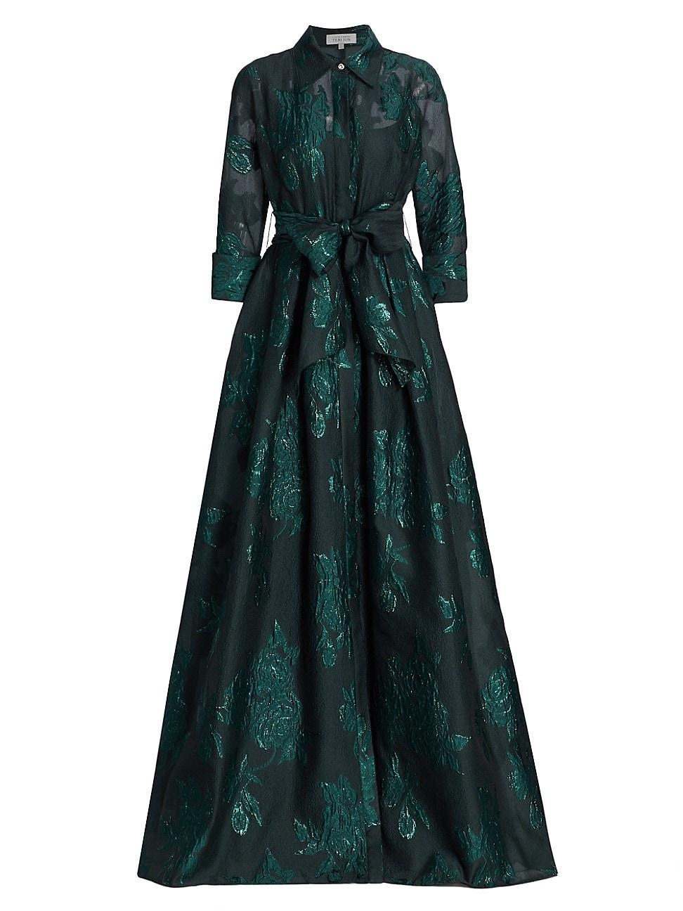 Womens Three-Quarter Sleeve Metallic Jacquard Shirt Waist Gown Product Image