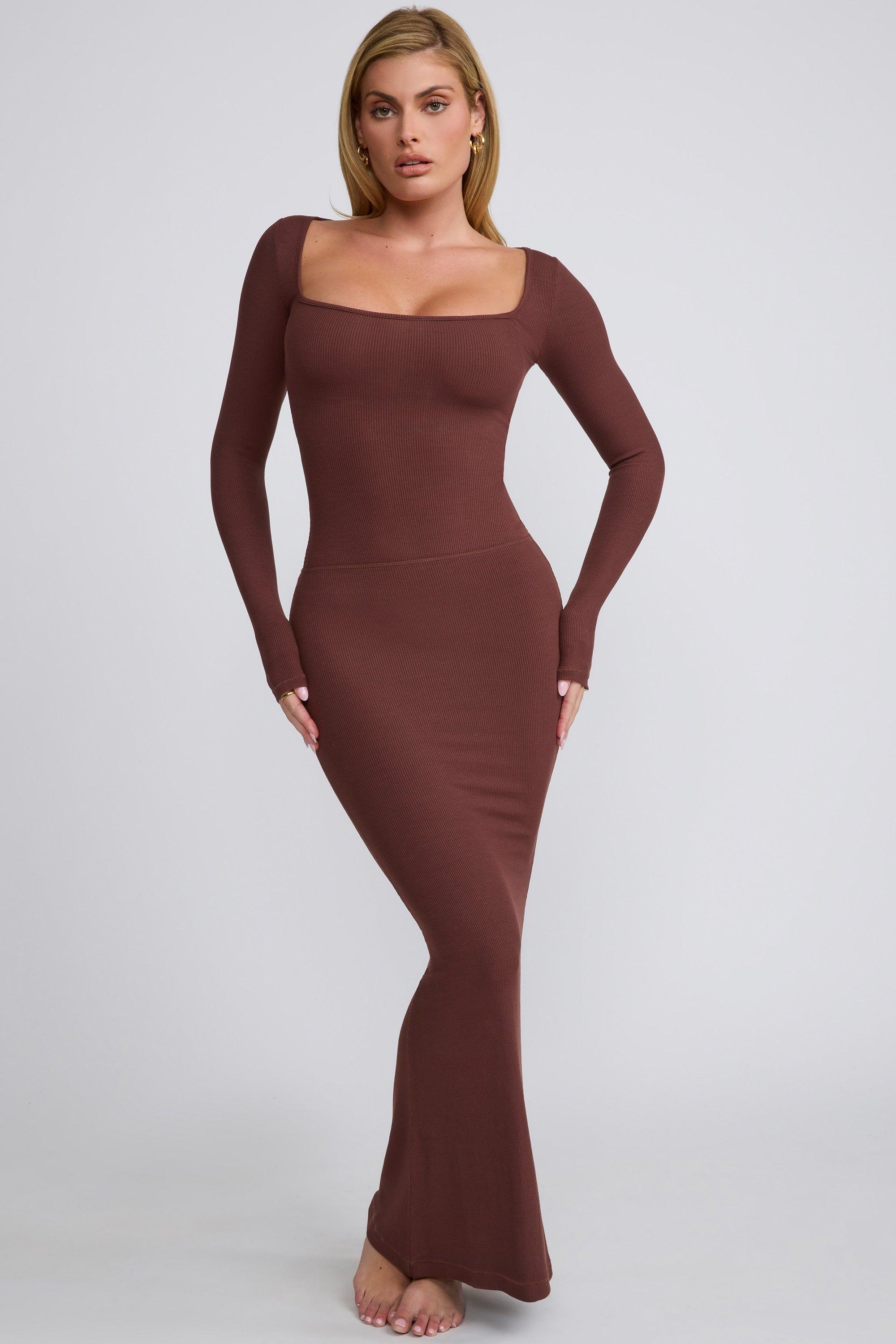 Ribbed Modal Mid Rise Maxi Skirt in Chocolate Product Image