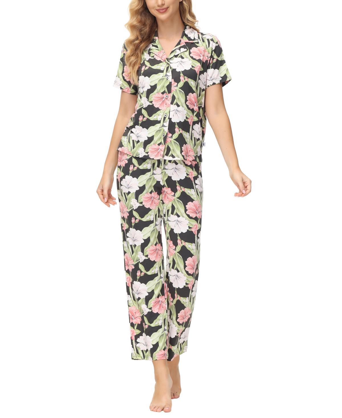 Echo Womens 2 Piece Printed Short Sleeve Notch Top with Pants Pajama Set Product Image