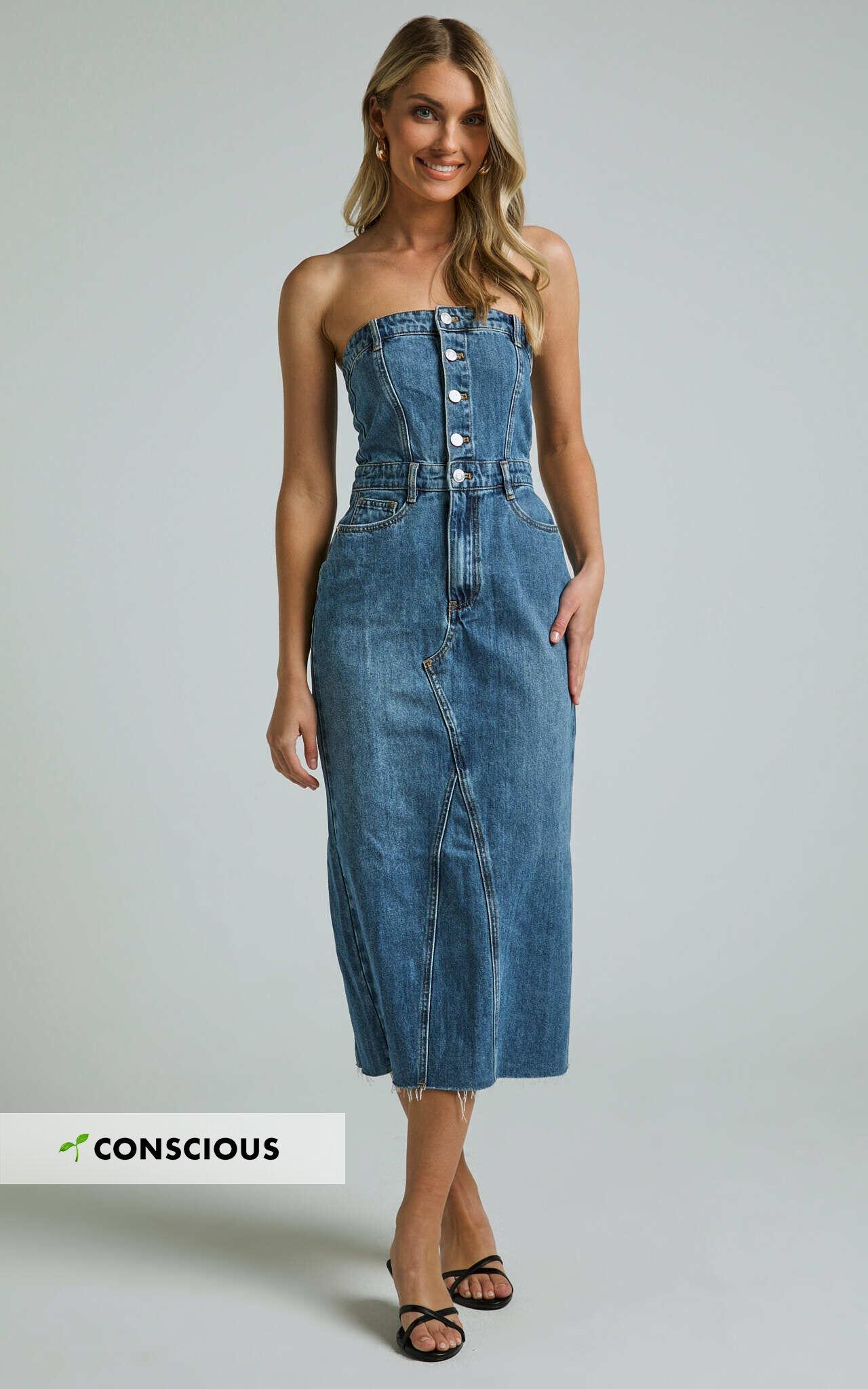 Keyla Midi Dress - Denim Strapless Button Front Shirred Back in Mid Blue Wash Product Image