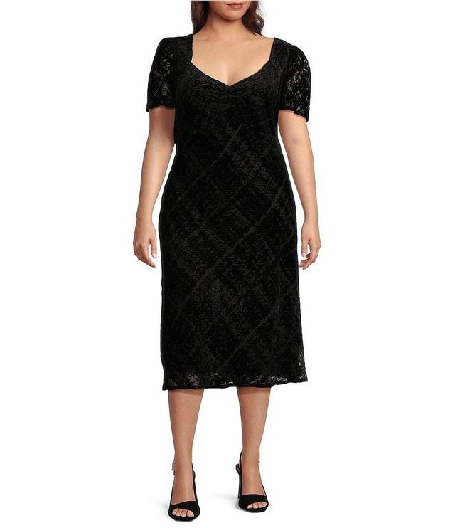 DKNY by Donna Karan Plus Size Plaid Print V-Neck Short Puff Sleeves Empire Shirred Dress Product Image