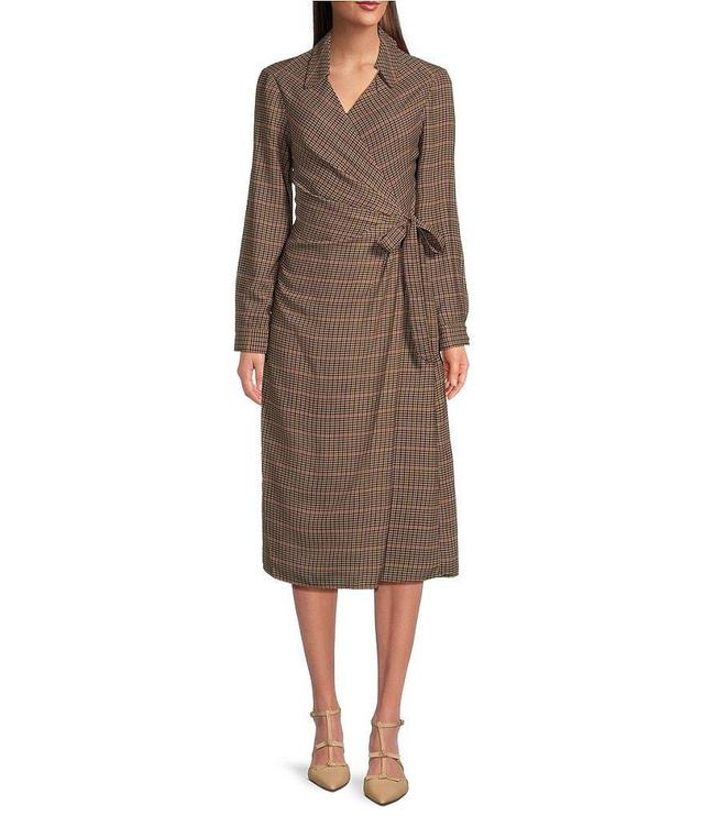 Alex Marie Caitlin Plaid Point Collar V-Neck Long Sleeve Ruched Side Wrap Midi Dress Product Image