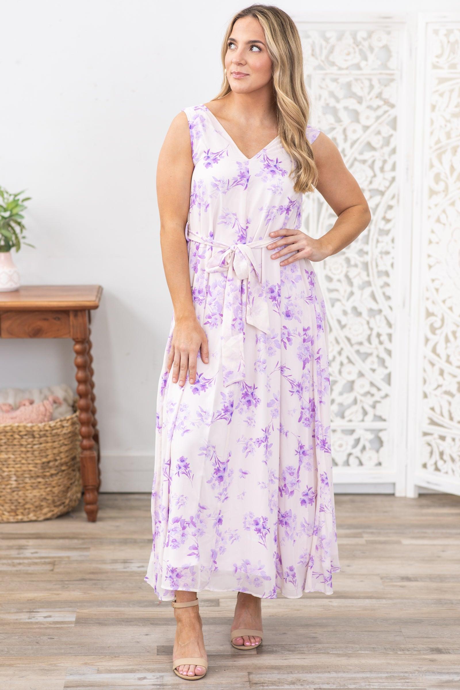 Lavender V-Neck Self Tie Floral Maxi Dress Product Image