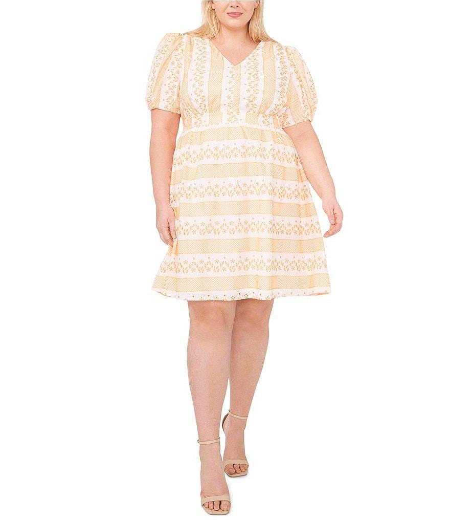 CeCe Plus Size V-Neck Short Sleeve Floral Stripe 3D Embroidered Tie Back A-Line Dress product image