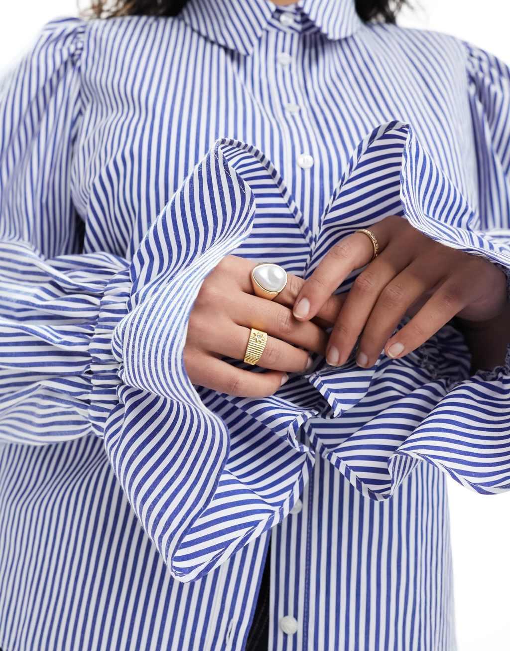 ASOS DESIGN Curve volume sleeved soft shirt with ruffle cuff in blue stripe Product Image