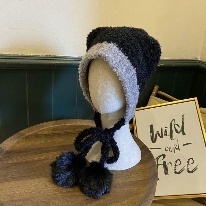 Bear Ear Contrast Trim Pom Pom Knit Bonnet Product Image