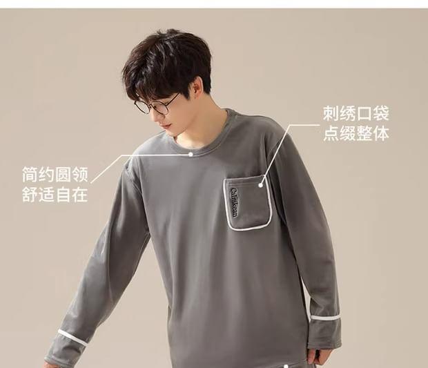 Pajama Set: Long-Sleeve Crew Neck Letter Embroidered T-Shirt + Pants Product Image