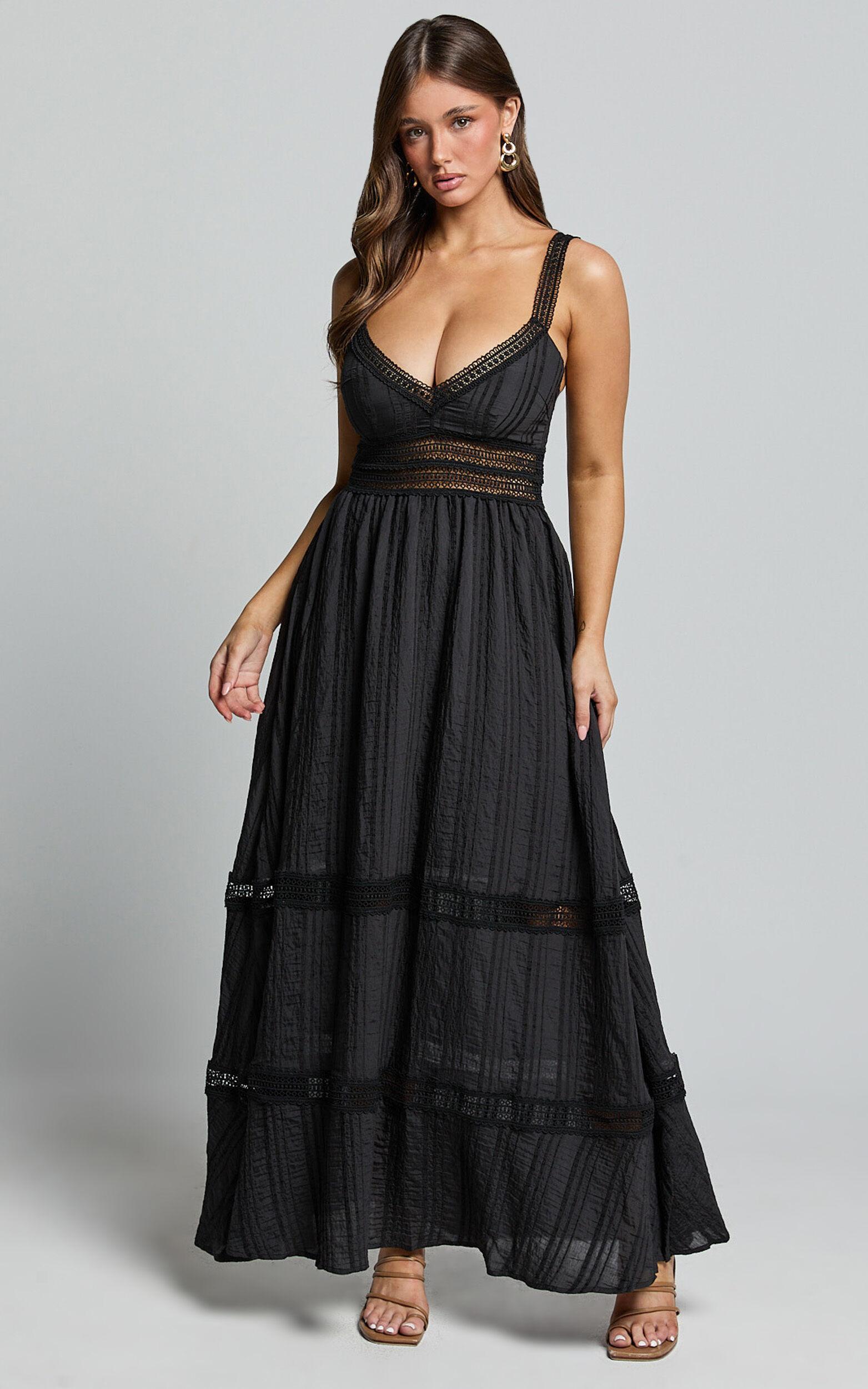 Angelique Maxi Dress - Lace Trim Dress in Black Product Image