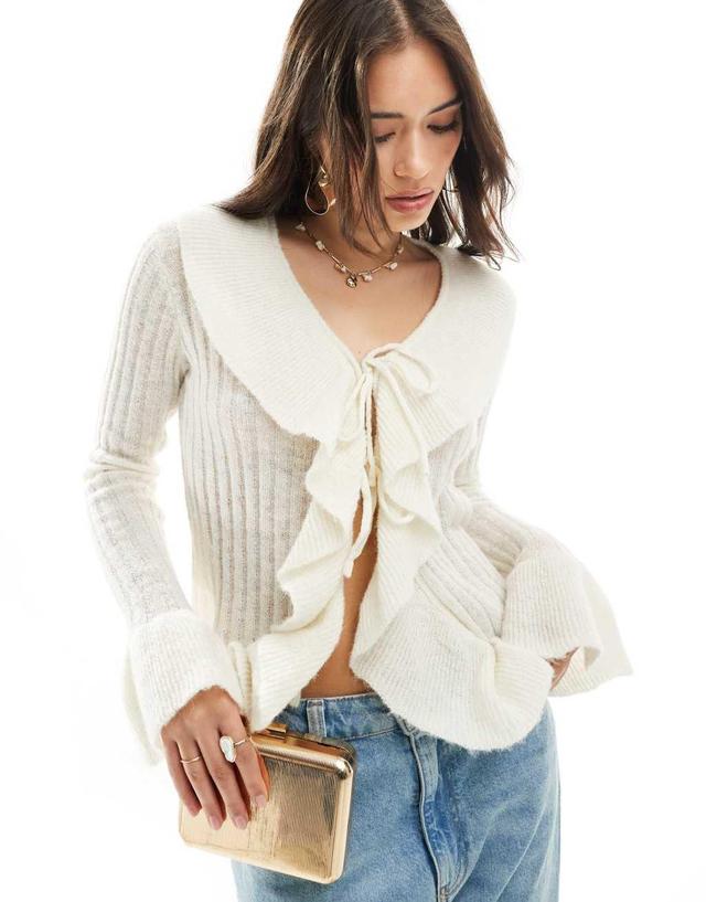 YAS frill detail tie front cardigan in cream Product Image