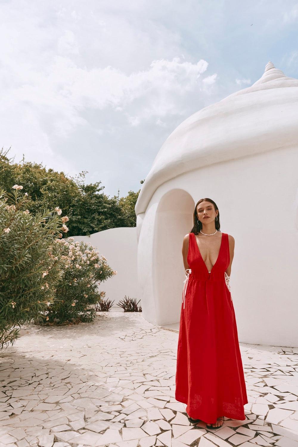 Paros Palms Linen Midi Dress Red Product Image