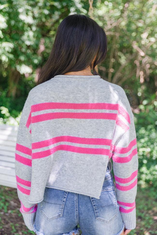 Sweet Affection Grey And Fuchsia Striped Notched Neck Sweater Product Image