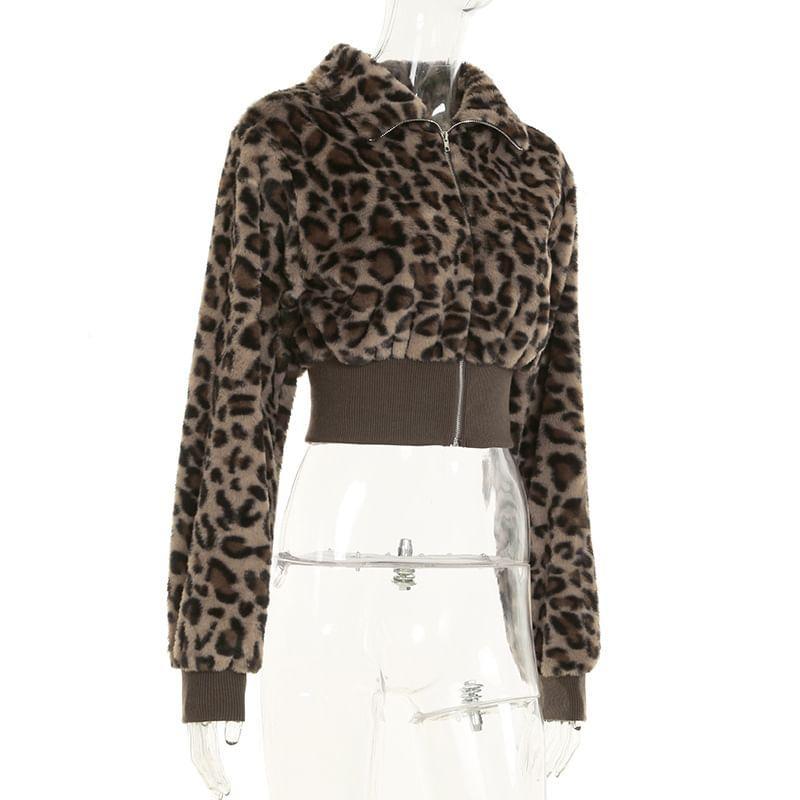 High Neck Leopard Print Zip-Up Crop Jacket Product Image