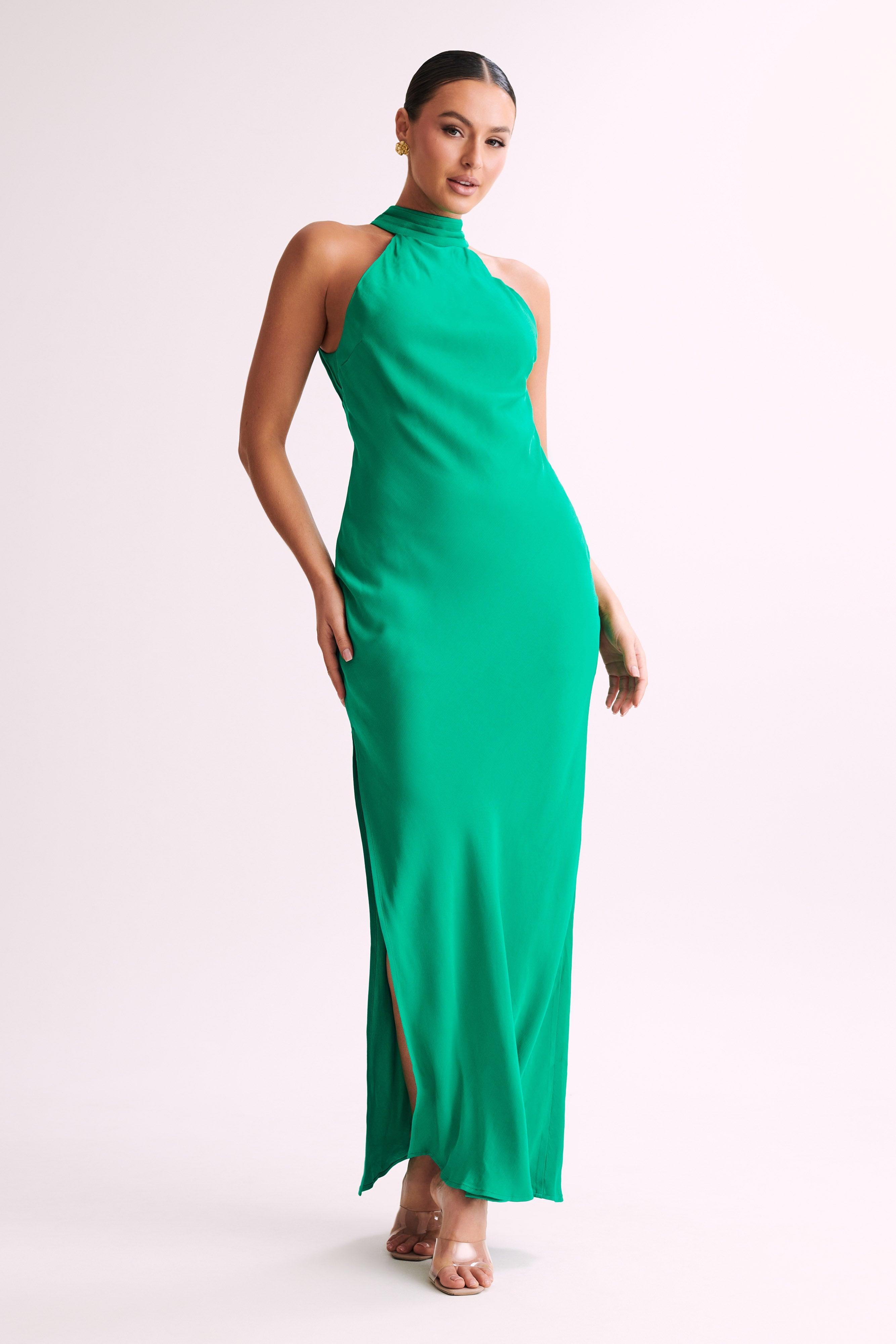 Claire Satin Drape Back Maxi Dress with Split - Green Product Image