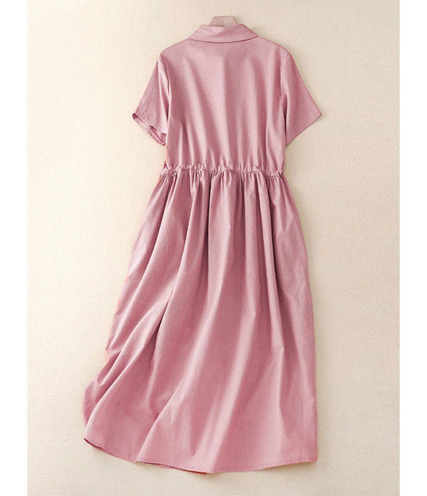 Short-Sleeve Collared Plain Midi A-Line Dress Product Image