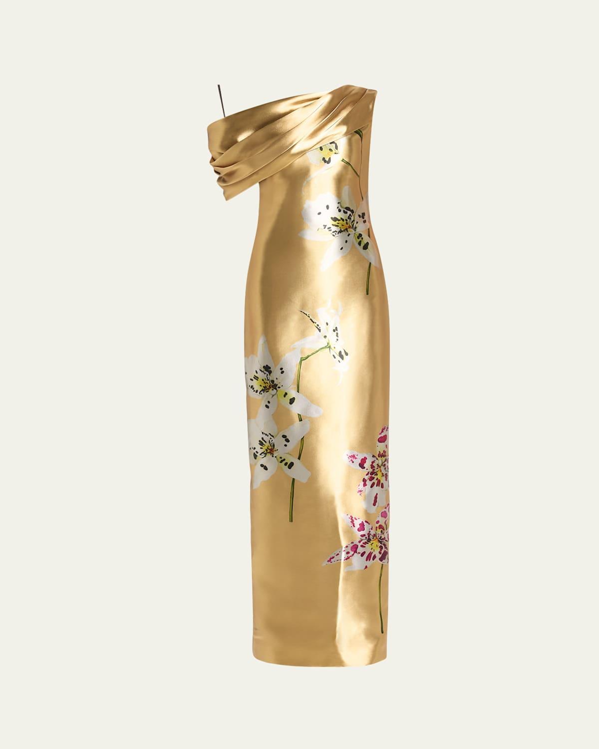 OSCAR DE LA RENTA Sleeveless Draped Metal Orchids Column Gown In Gold Multi Product Image