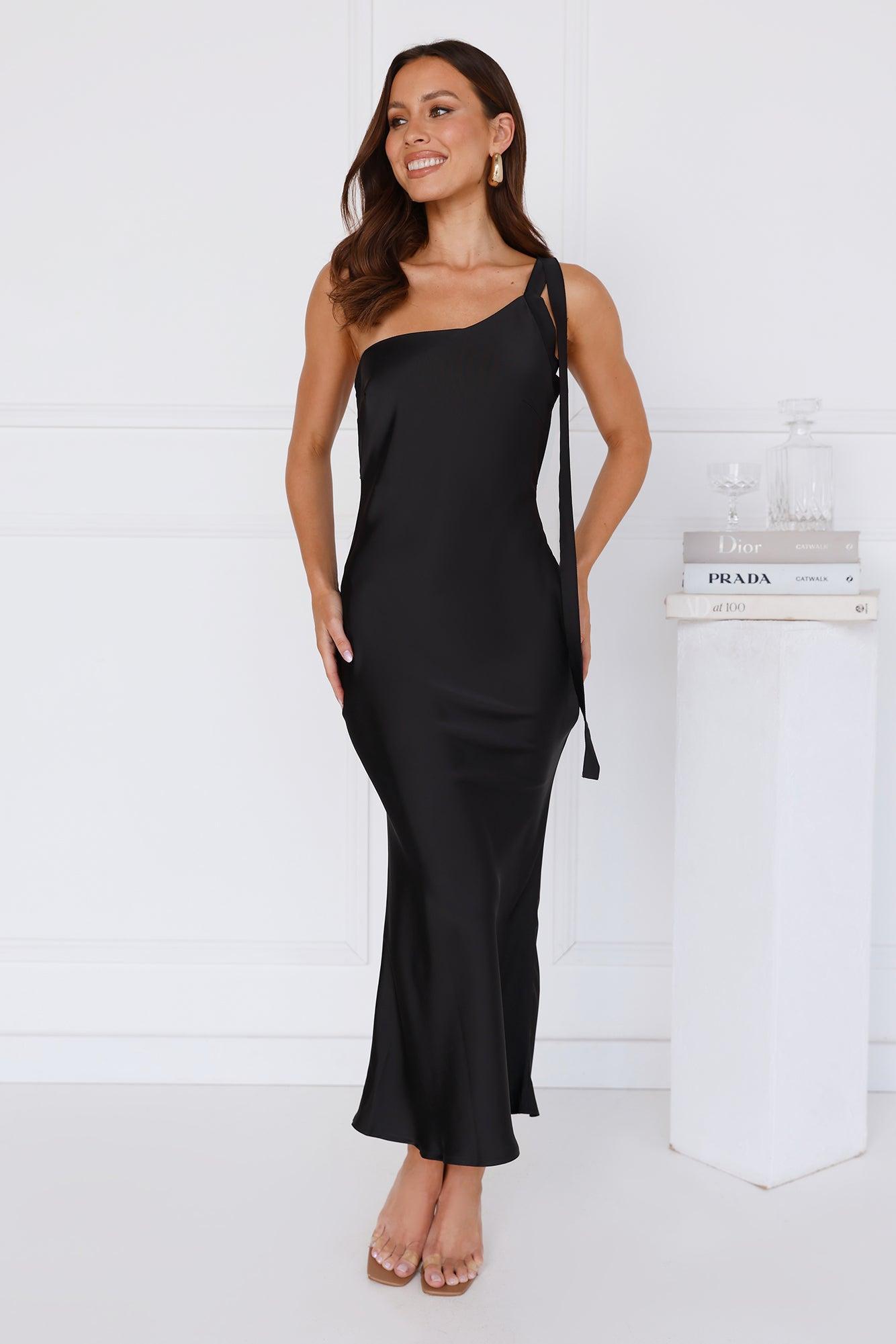 Black Tie Ballroom One Shoulder Satin Maxi Dress Black Product Image