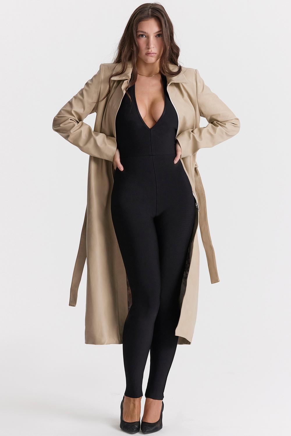 Ariel Beige Vegan Leather Trench Coat Product Image