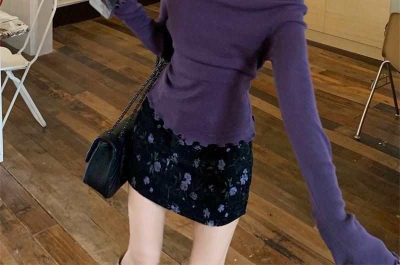 Long-Sleeve Cold Shoulder Plain Mock Two Piece Knit Top / Mid Rise Floral Mini A-Line Skirt Product Image