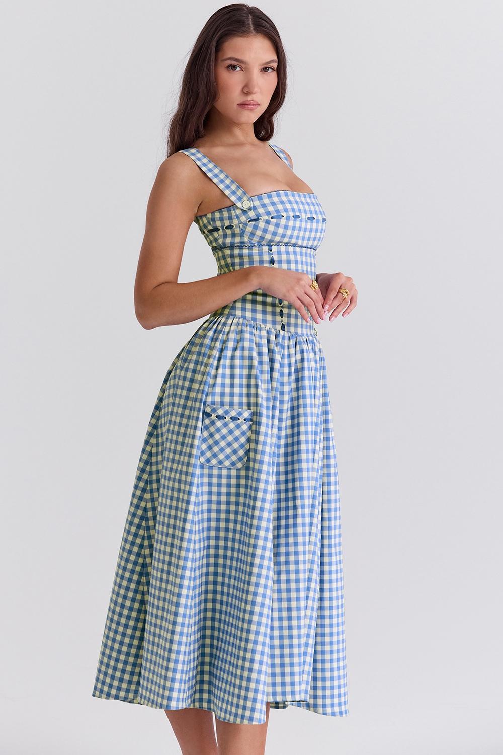 Vivien Regatta Blue Gingham Midi Sundress Product Image