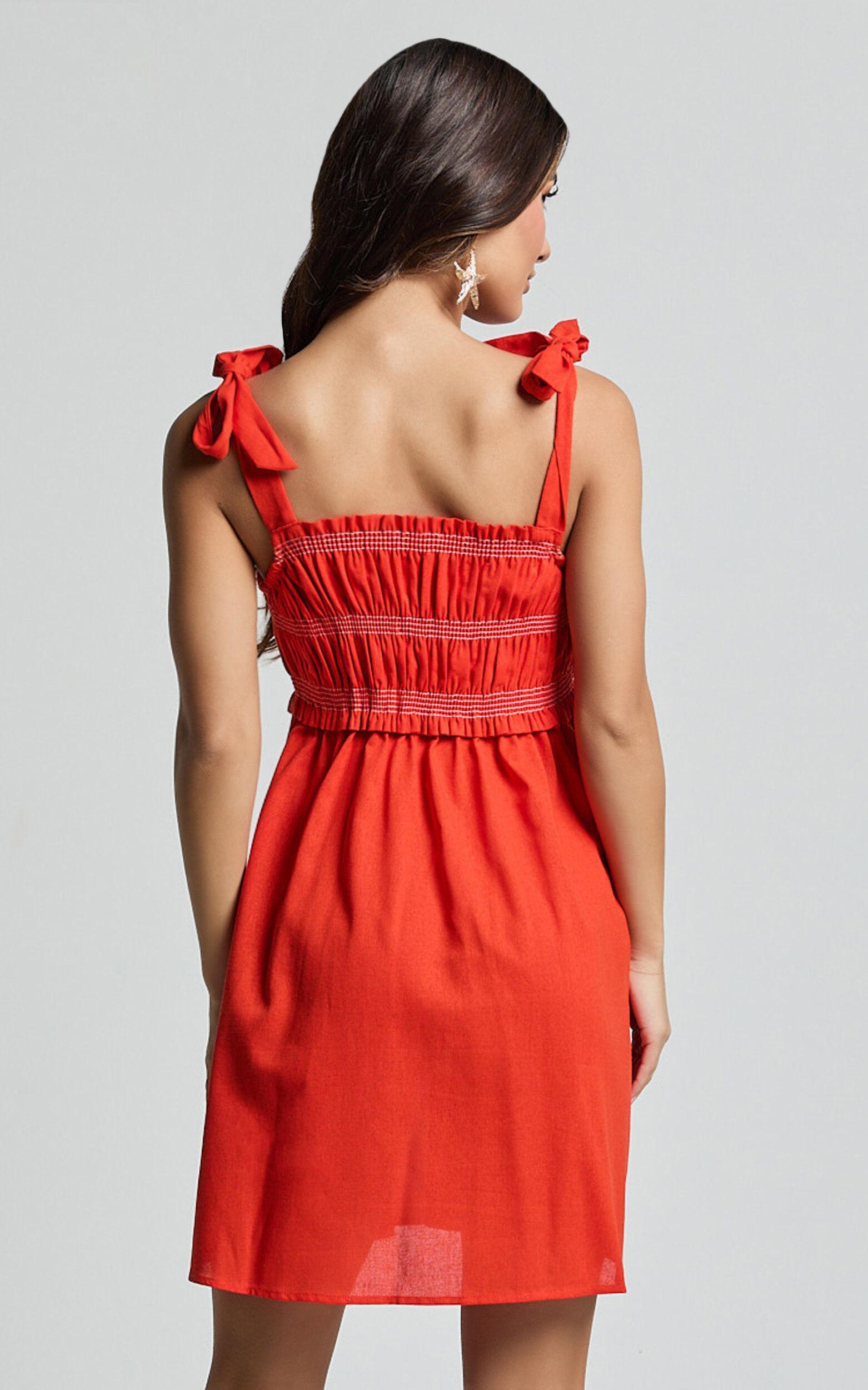 Cloe Mini Dress - Linen Look Tie Shoulder Shirred Dress in Red Product Image