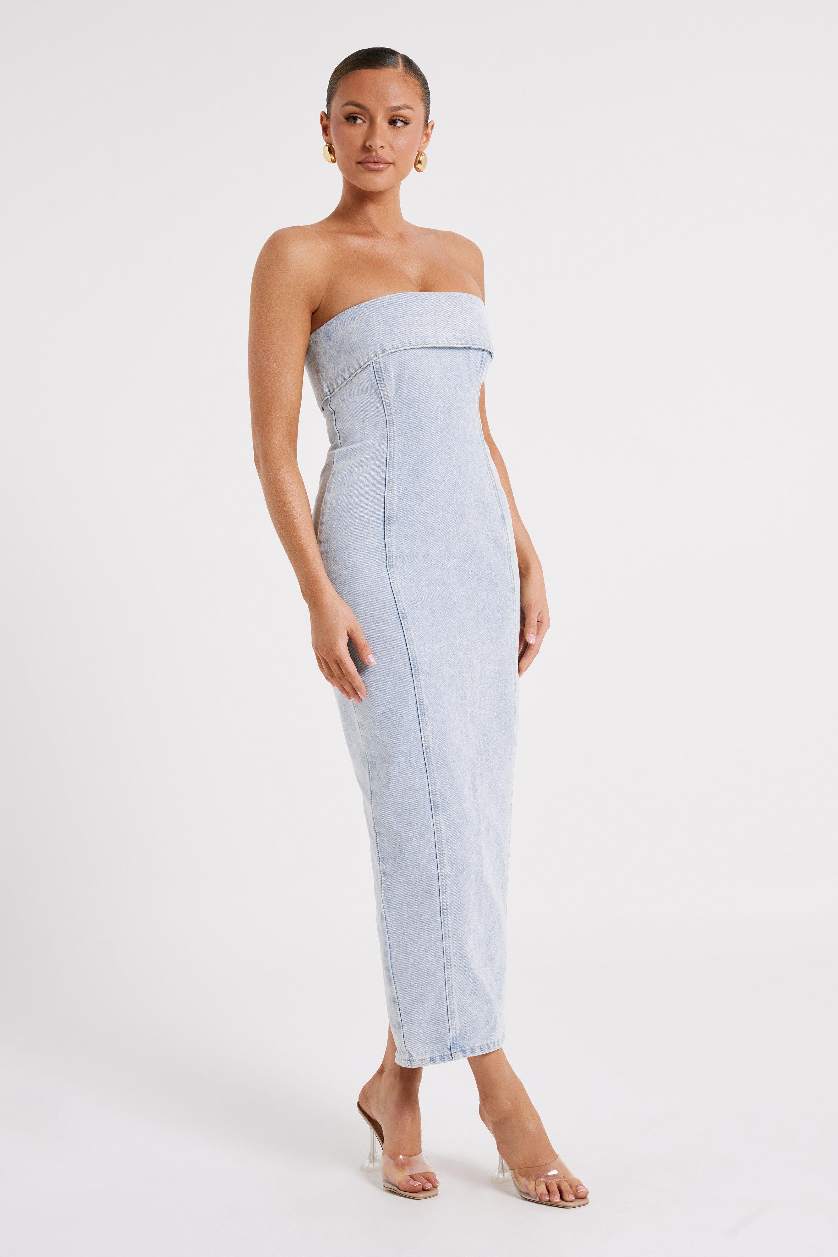 Katherine Strapless Denim Midi Dress - Light Blue Product Image